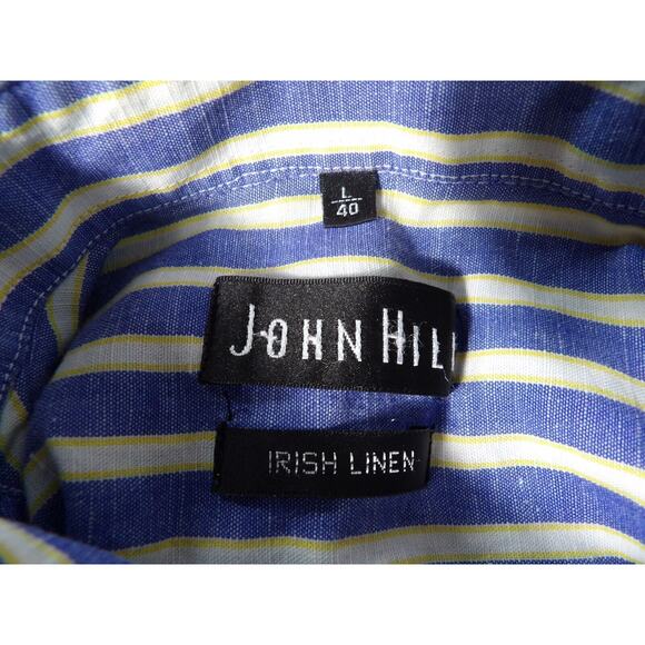 John Hill Shirt Irish Linen Mens Sz 40 Large Button Up Vertical Stripe Blue Vaca - Picture 3 of 14